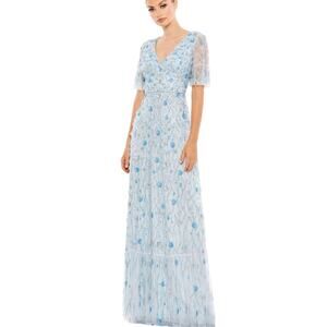 NEW MAC DUGGAL Dress 6 Ethereal Floral Maxi Formal Long Baby Blue Pastel Ruffle